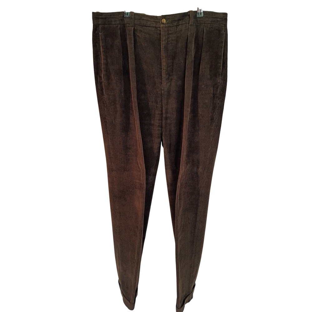 Nautica Mens Corduroy Pants 36x34 Olive Brown Pleated Cuffed Wide Wale Cotton
